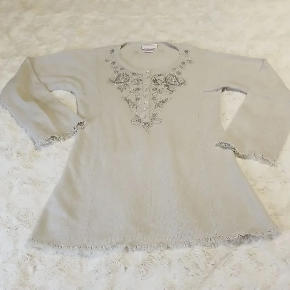 Cashmere Couture Knit Sweater Womens Small Gray Embroidered Embellished Paisley